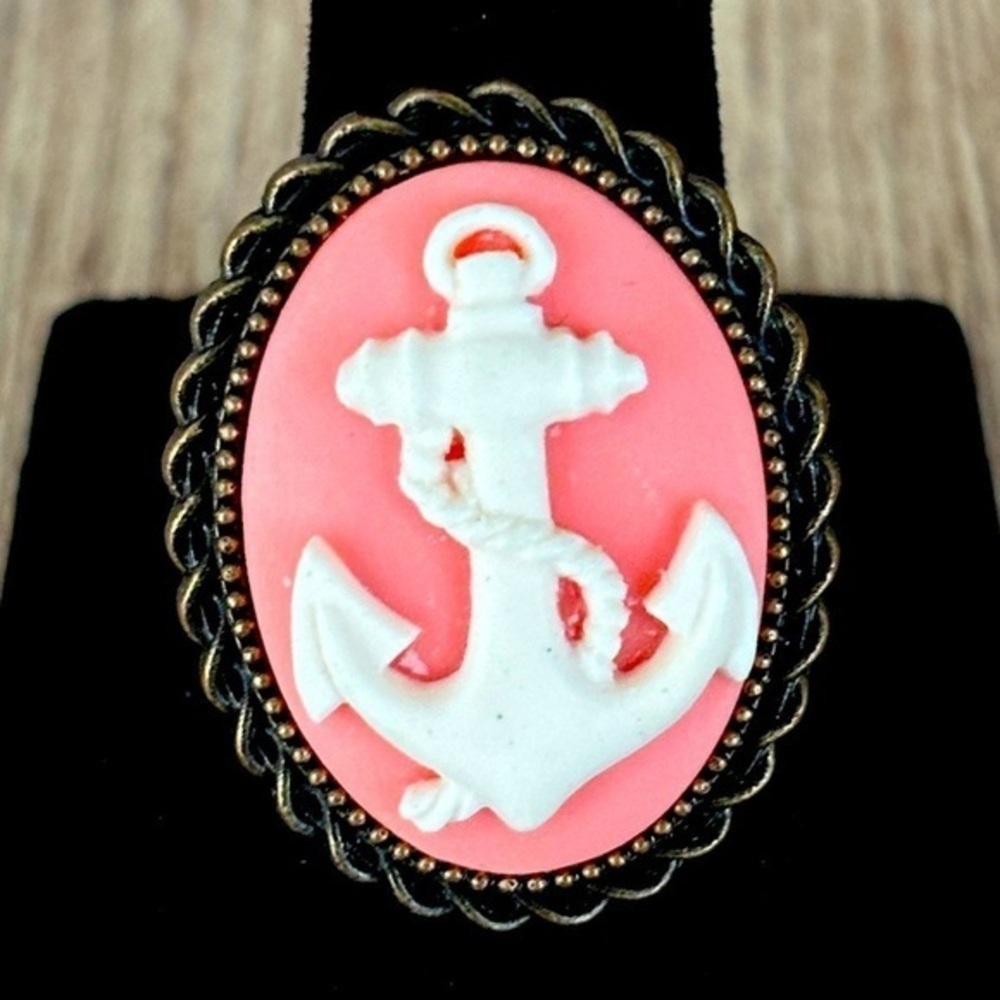Pink and White Anchor Cameo Adjustable Ring, Handmade, NWT